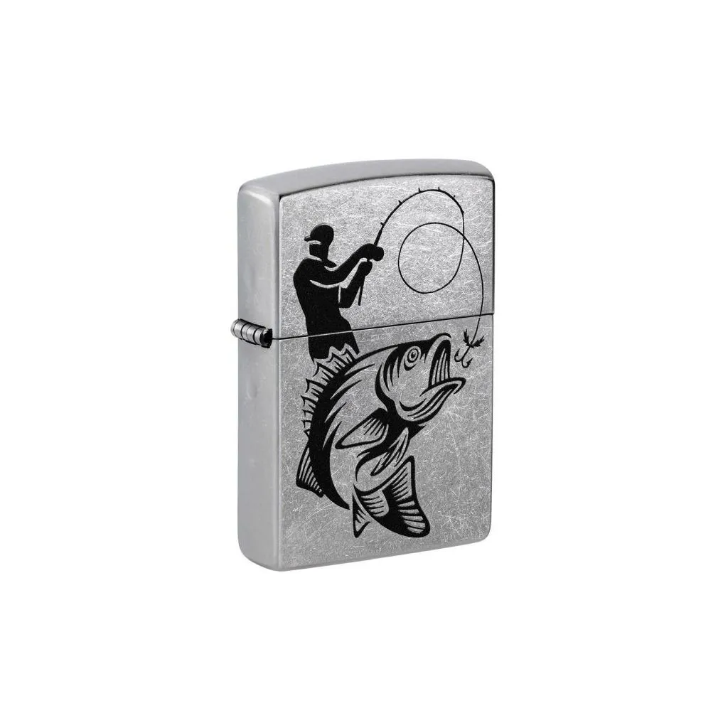 Zippo Fisherman lighter med fiskermotiv og metalhus.
