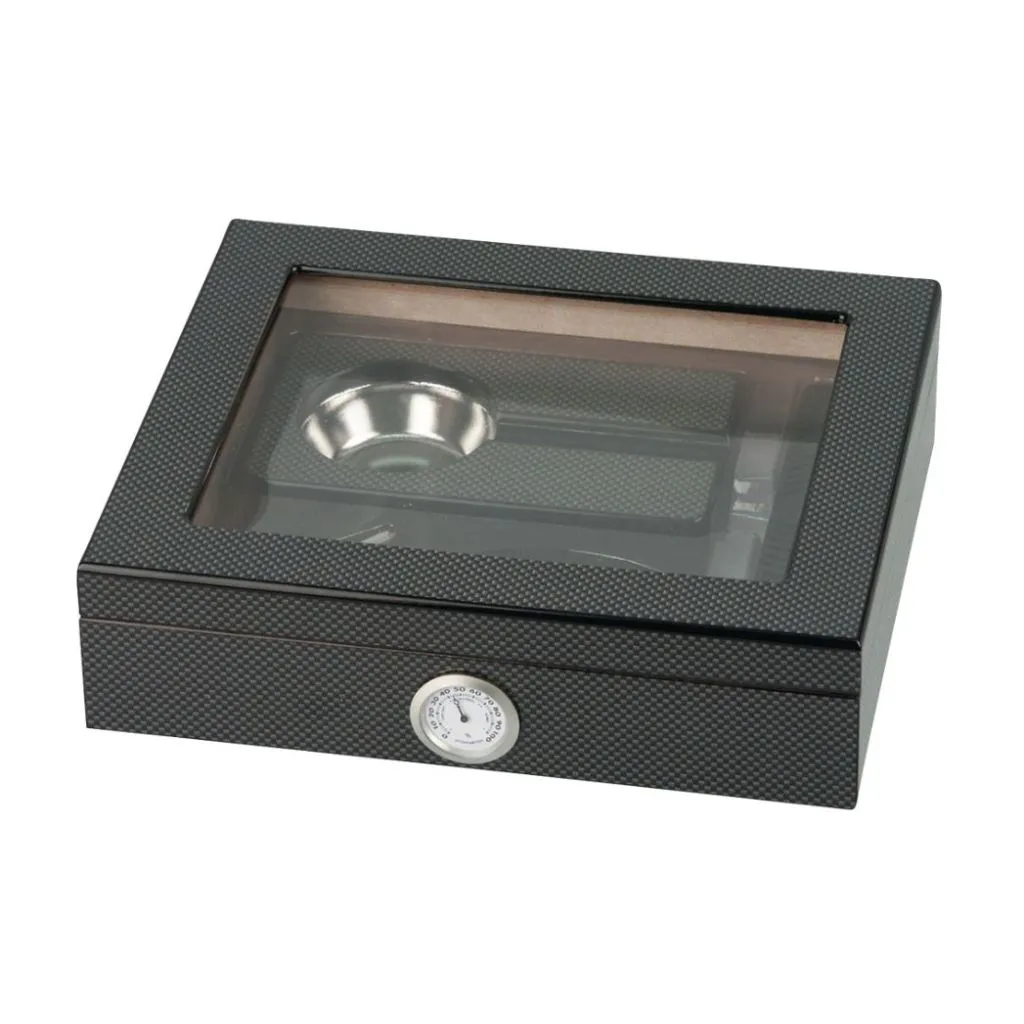 Classic Humidor Set Glasdeckel Carbon Design – humidor i carbon-look med glaslåg og tilbehør