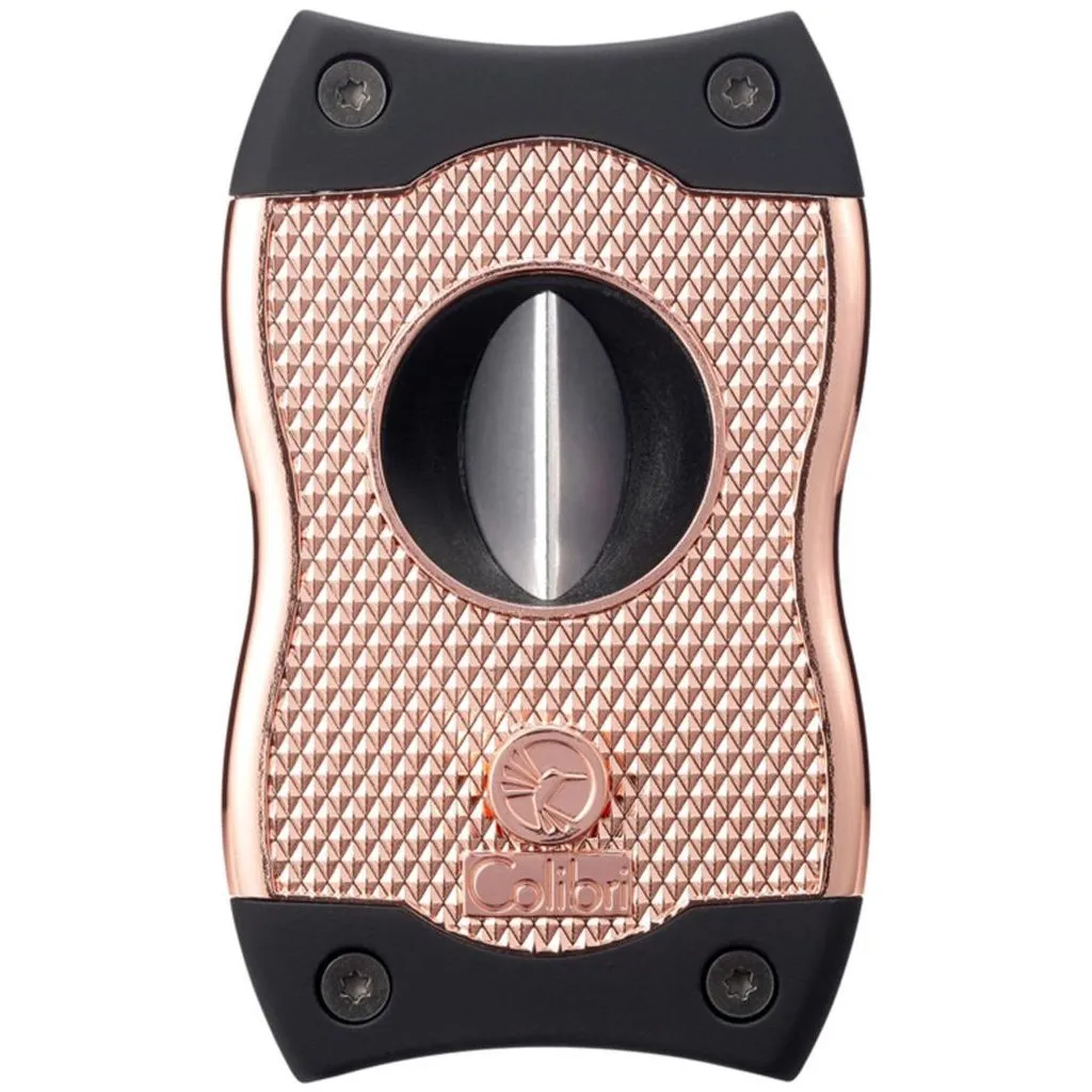 Colibri SV-Cut Rose Gold/Black Cigar Cutter – model med straight cut 27 mm + V-cut 7 mm, rustfri stålblade