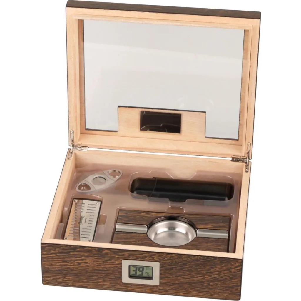Passatore Humidor Set Ironwood Design – humidor med ironwood-finish, inkl. humidifier, cutter, askebæger og etui