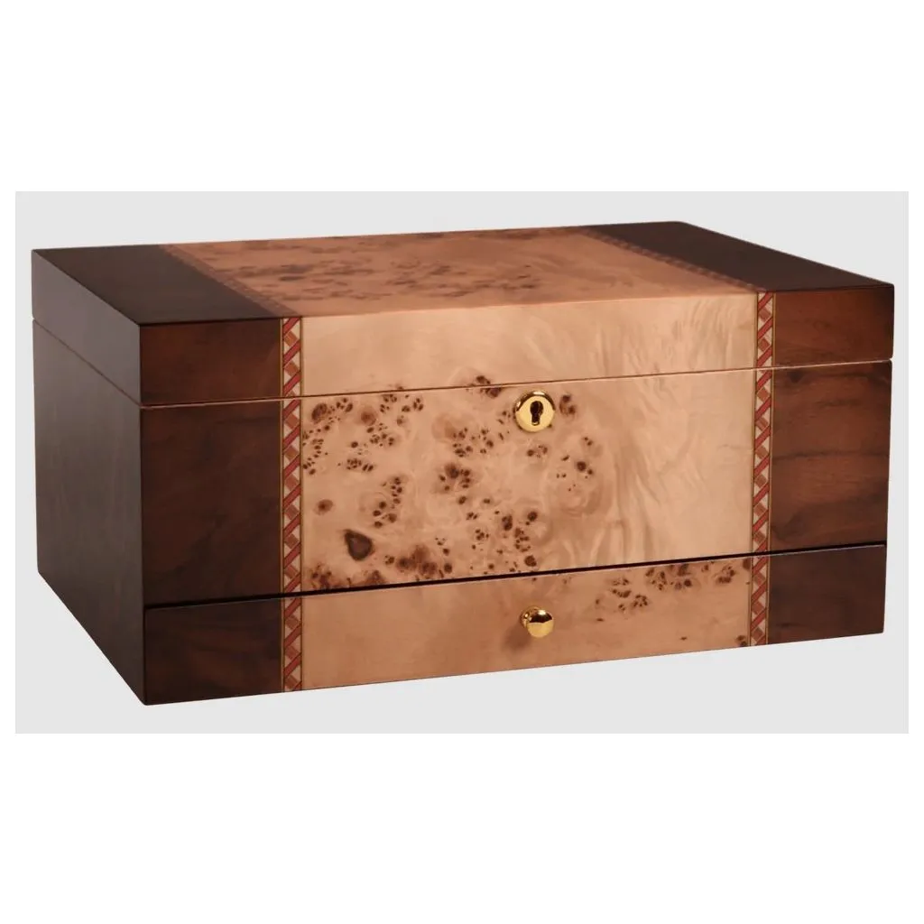 Humidor i valnøddetræ og mappa burl til ca. 80 cigarer – inkl. hygrometer, humidifier, tilbehørsskuffe samt lås og nøgle