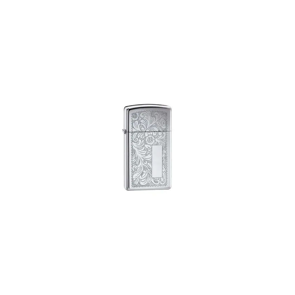 Zippo Venetian Slim lighter i højpoleret krom med dekorativt mønster.