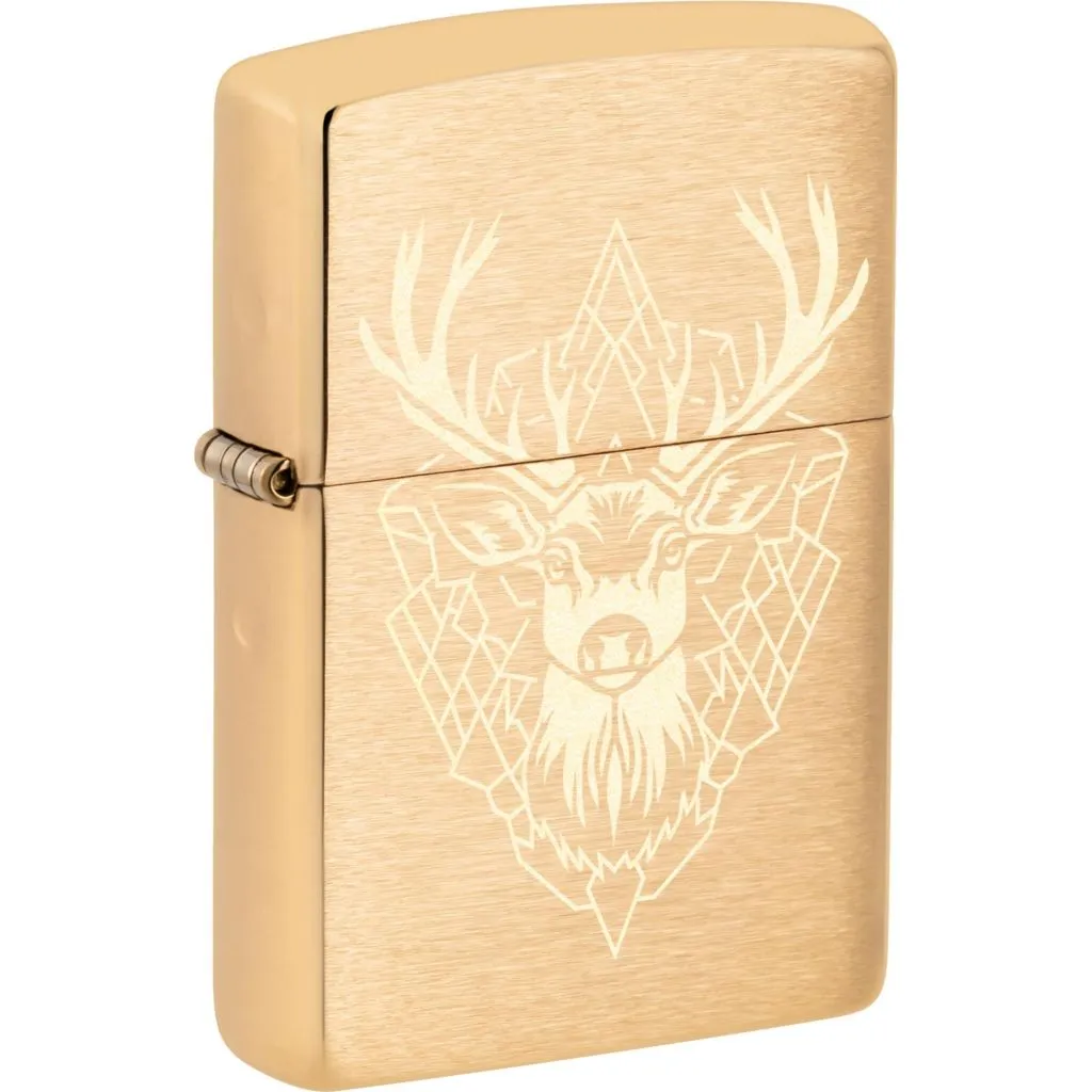 Zippo Fantasy Deer lighter i børstet messing med lasergraveret hjorte-motiv.