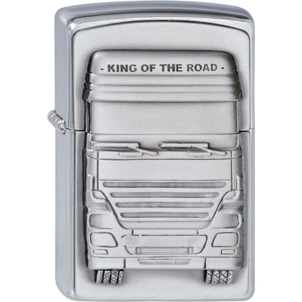 Zippo lighter med “King of the Road” emblem i børstet krom.