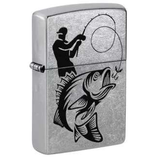 Zippo Fisherman lighter med fiskermotiv og metalhus.