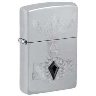 Zippo lighter med Thor’s Hammer motiv på sort/krom metalfinish.