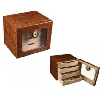 Cigar Humidor with Glass Window Door – burl-finish, spansk cedertræ, kapacitet 50-70 cigarer