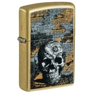 Zippo lighter med floral skull-motiv på metalkorpus.