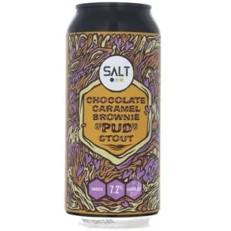 Fudgy brownie med mørk chokolade, flydende saltet karamel i midten og et drys af havsalt på toppen.