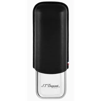 S.T. Dupont Black Grained & Chrome Double Cigar Case – sort kornet kalveskind og chrome, plads til 2 cigarer