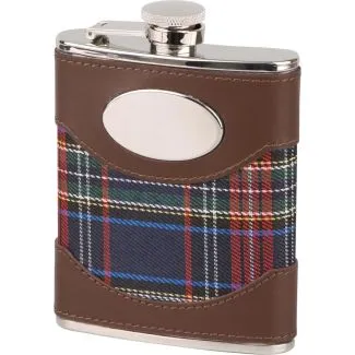 Rustfrit stål lommelærke 6 oz med brun læder og blå schottenkaro-mønster.