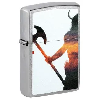 Zippo Viking lighter med vikinge-motiv på mat hvid metalfinish.
