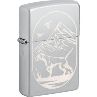 Zippo Hunting Dog lighter med satin finish og lasergravering af jagthund.