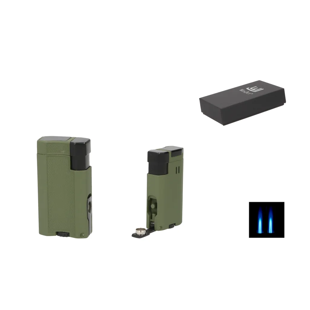 Winjet 2×Jet Green Crackle + Punch cigarlighter – dobbelt jetflamme, grøn crackle finish og cigar punch
