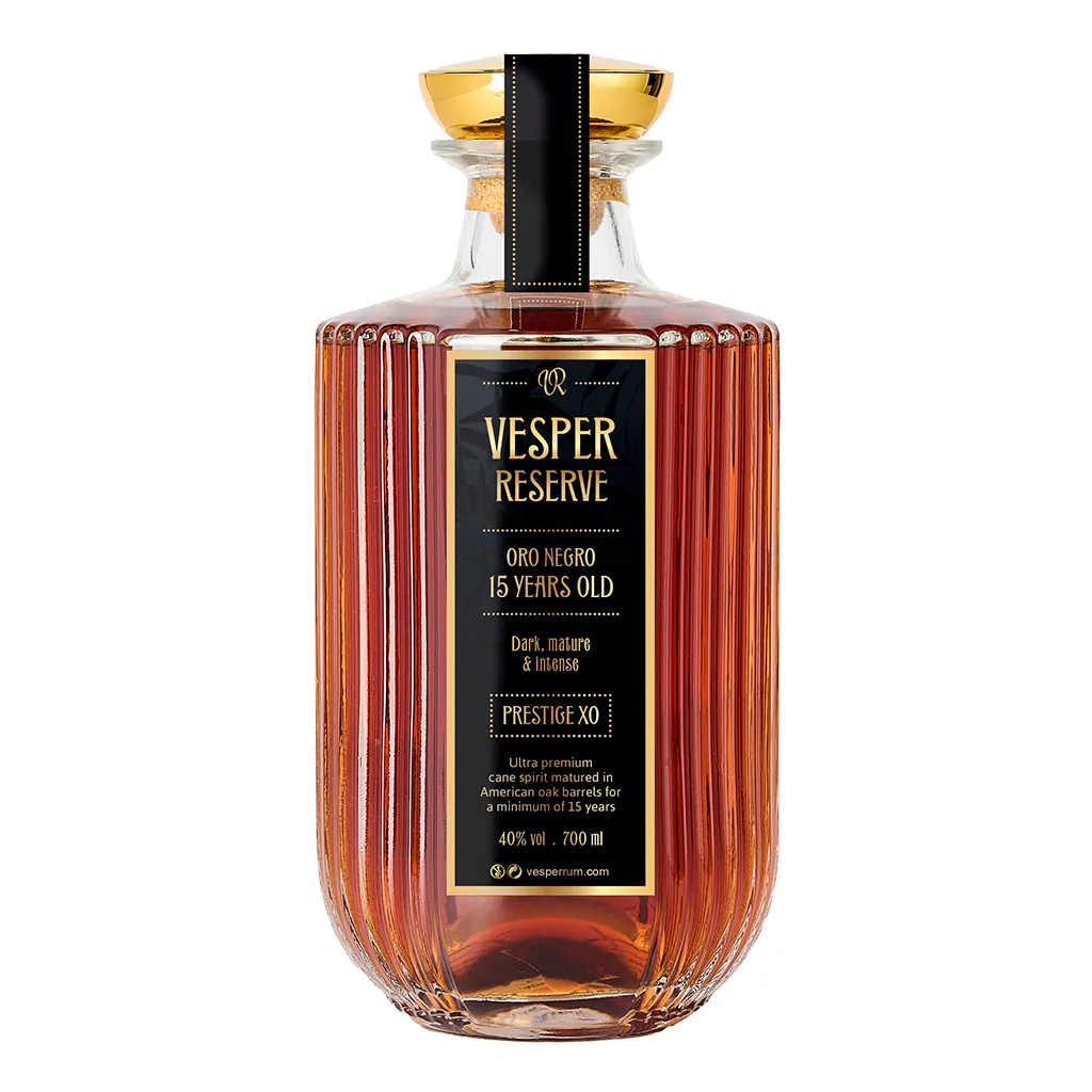 Vesper Oro Negro 15 Years Old 70 cl – lagret rom med mørk, moden karakter

Vesper Reserve 15 Y.O. Prestige XO – flaske med sort-guld label og elegant design

Vesper Rum Oro Negro – 15 års modnet rom i luksusudgave