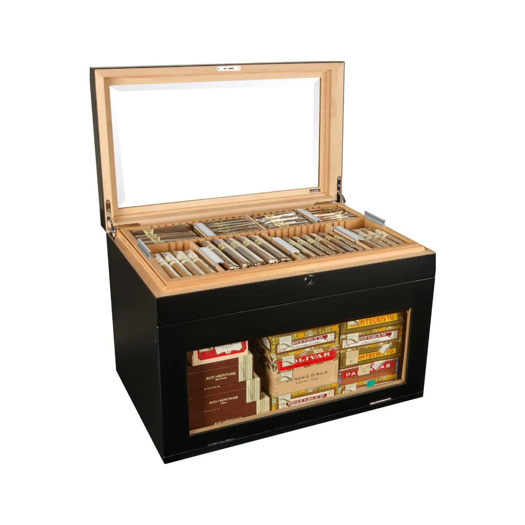 Adorini Portico Deluxe humidor i sort med glaspaneler og spansk cedertræ indvendigt.