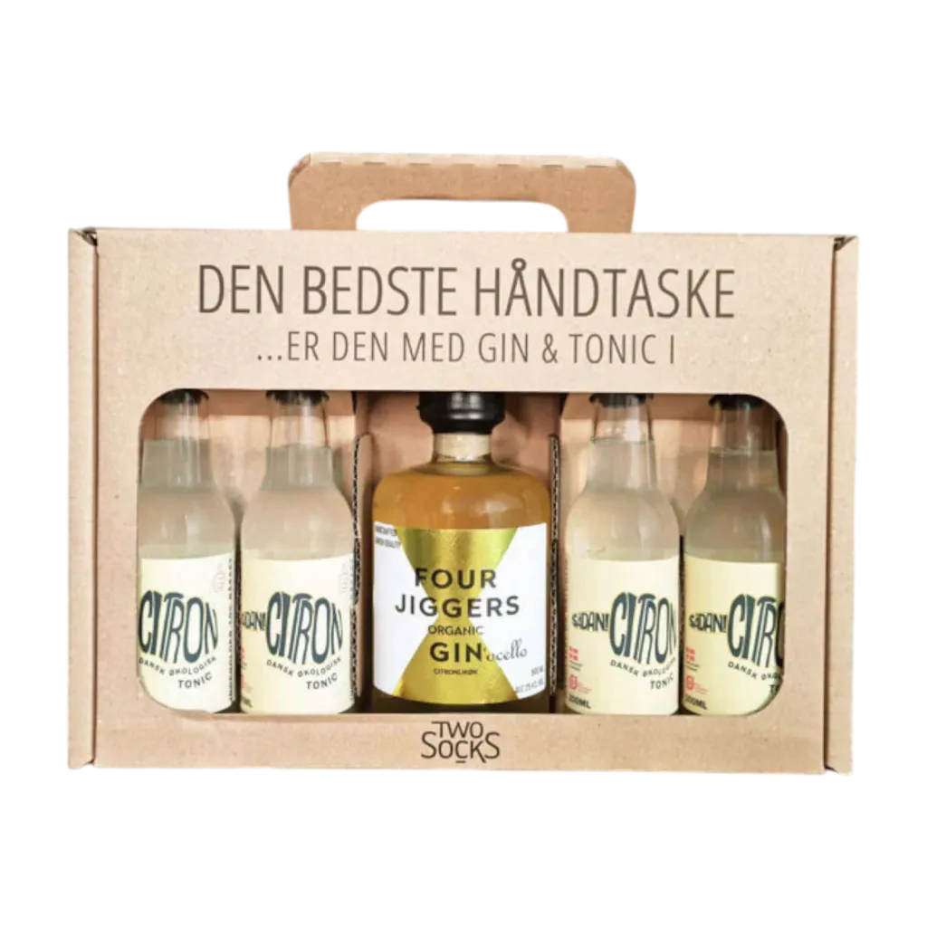 Four Jigger’s Handtaske Gin O’Cello – gaveæske med ginlikør og tonicflasker