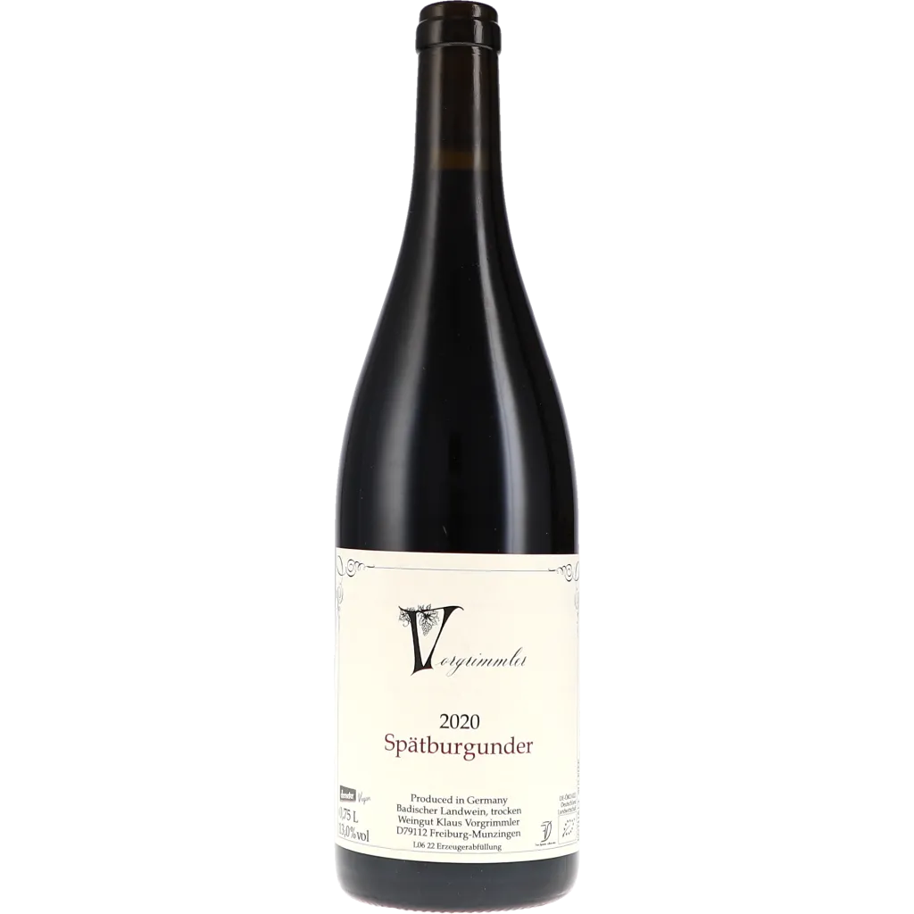 Flaske af Weingut Vorgrimmler Spätburgunder 2022 – biodynamisk Pinot Noir med spontangæring, barrique-lagring og kalkpræget terroir.