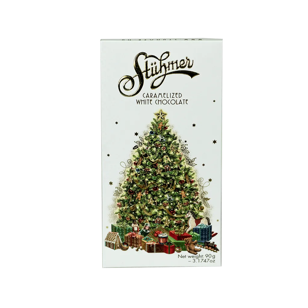 Juletræ med gaver – 90g karamelliseret hvid chokolade