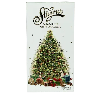 Juletræ med gaver – 90g karamelliseret hvid chokolade