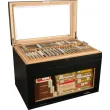 Adorini Portico Deluxe humidor i sort med glaspaneler og spansk cedertræ indvendigt.